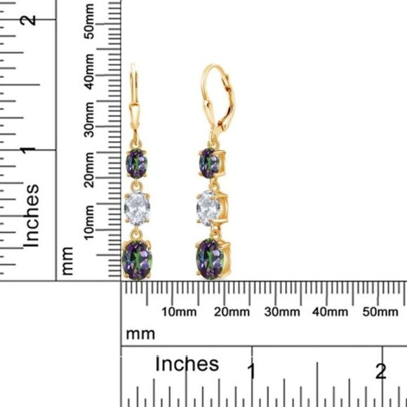 18K Yellow Gold with 6.35Cttw 3 Stone Green Mystic and White Topaz Drop Earrings - Picture 5 of 5